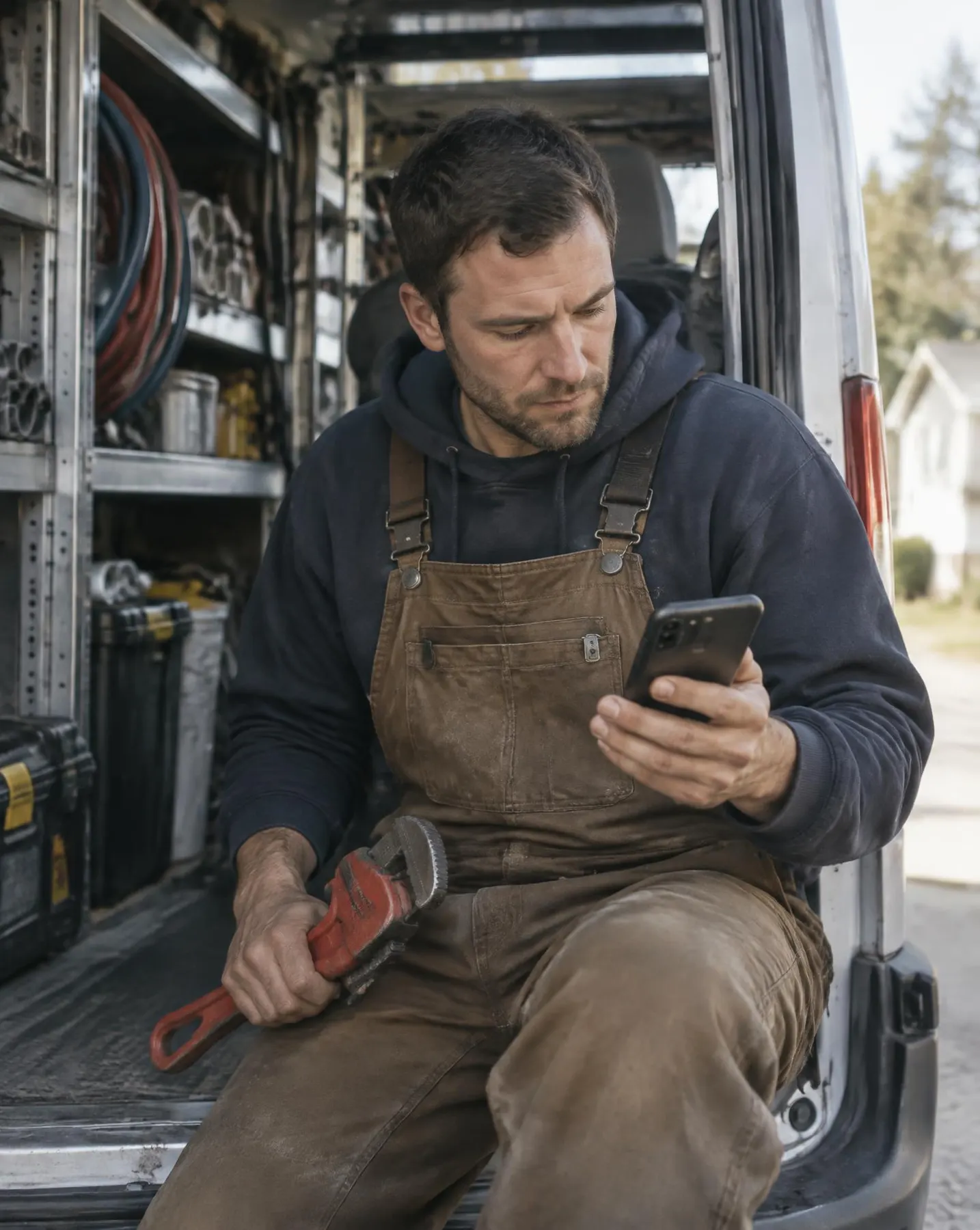 Technicien qui consulte son téléphone près de son camion